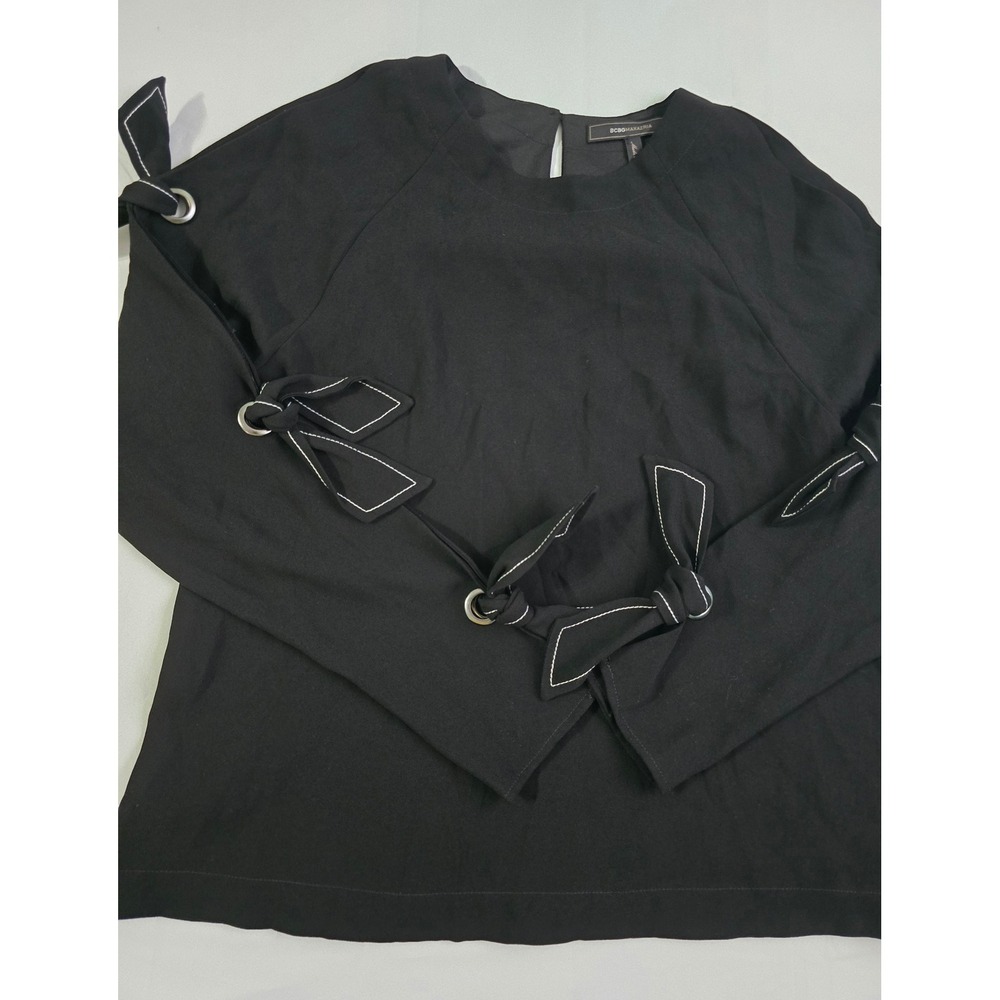 BCBGMAXAZRIA Black Grommet Tie Sleeve Blouse Crew Neck Top XS - Picture 3 of 16